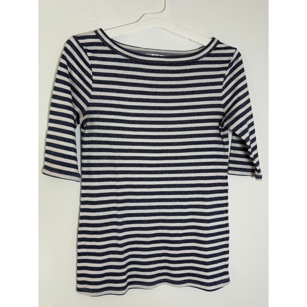Time and Tru Navy Blue White Striped Boat Neck 3/4 Sleeve Top Womens Medium 8-10